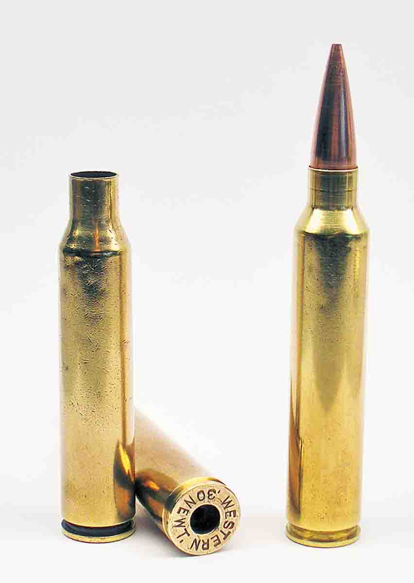 The .30 Newton (circa 1917) is the same basic case as the .375 Ruger, shown here necked down to .30 caliber.